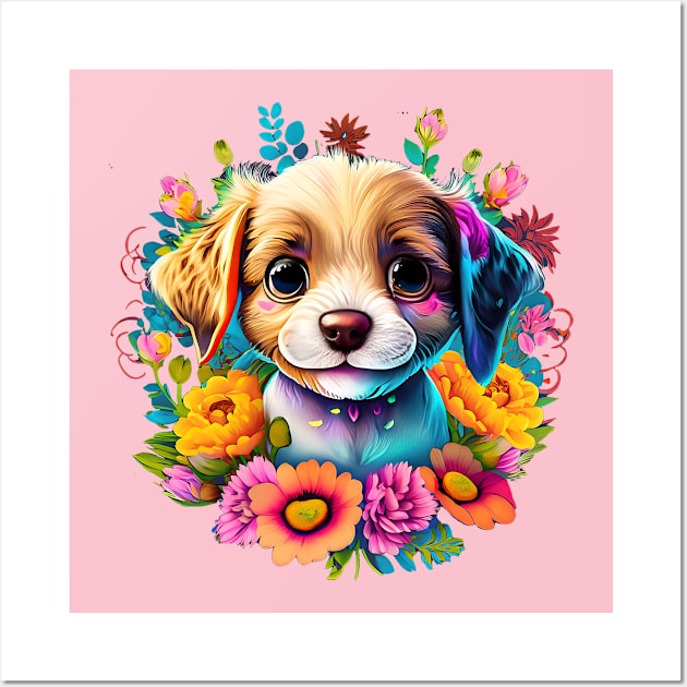 Cute Puppy Dog Breeds  for Any Dog Lover in a Bouquet of Colorful Flowers Wall Art by Create Unique